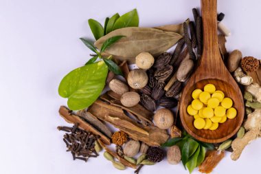 Alternatif tıp konsepti. Tahta kaşıkta Ayurvedic ilaçlar ve beyaz arka planda baharatlar