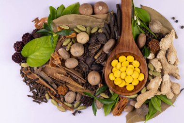 Ayurvedic tıp konsepti. Tahta kaşıkta bitkisel uyuşturucuların, dağınık baharatların ve beyaz arka planda yeşil yaprakların üst görüntüsü.