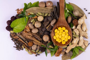 Ayurvedic medicine concept. Top view of herbal drugs in wooden spoon, scattered spices and green leaves on white background clipart