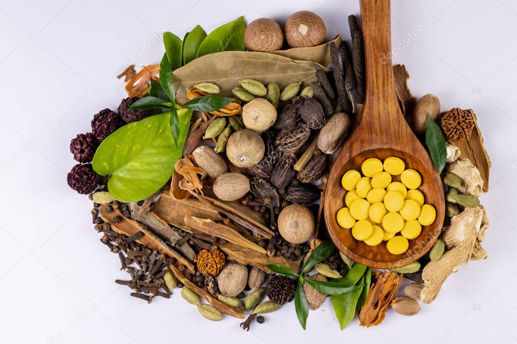 Traditional medicine concept. Ayurvedic drugs in wooden spoon, spices and green leaves on white background