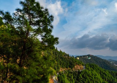 Bulutlu mavi gökyüzünün altındaki ağaçların ve dağların inanılmaz fotoğrafları, güzellik kavramı.