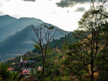 Dağın eteğindeki evlerin ve gökyüzünün altındaki ağaçların yüksek açılı görüntüsü.