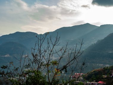 Bulutlu gökyüzü ve ön planda ağaç dalları olan dağlar.