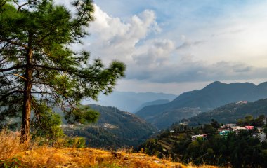 Güzel vadinin geniş bir görüntüsü. Dağın yamacında birkaç ev ve arka planda bulutlu bir gökyüzü.