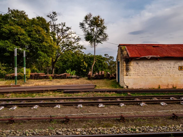 曇り空の下 丘の上に木がある列車の窓に沿って鉄道線路の広いショット — ストック写真