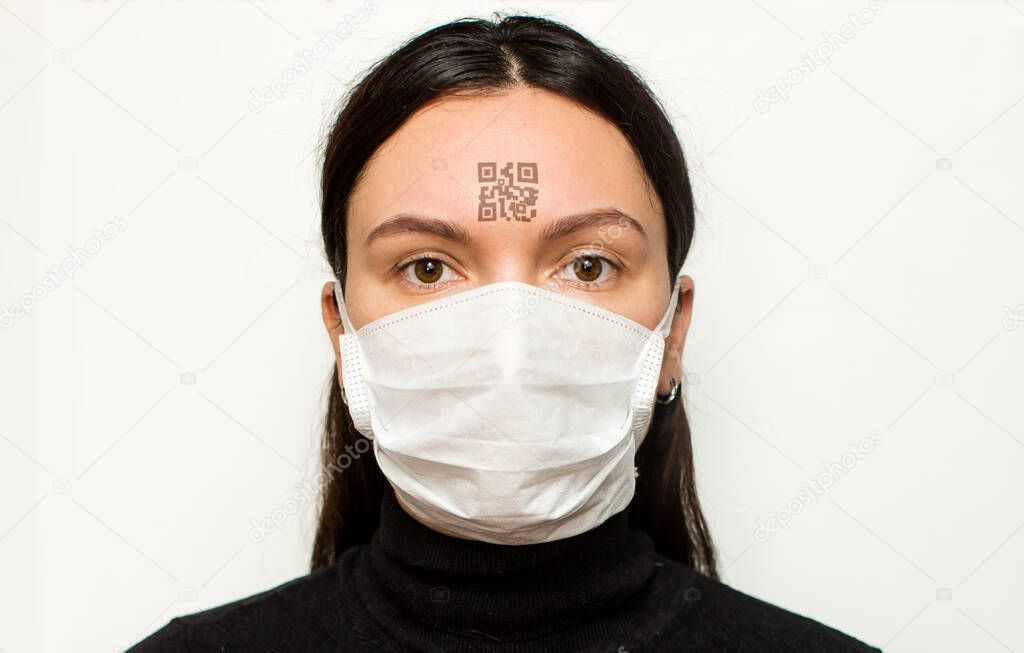 masked girl with a qr code on her face, control over a man