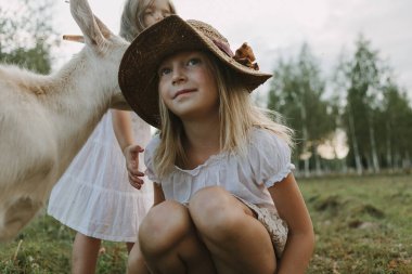 Çocuklar ve keçi bir yaz günü çayırda, hayvanları besliyor, çiftlikte yaşıyor.