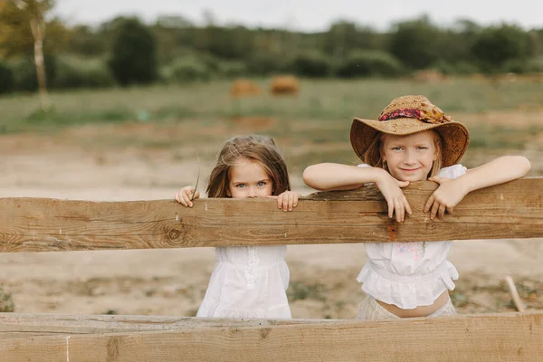 Girls Stand Fence Village Summer Day Life Farm — Stock Photo, Image