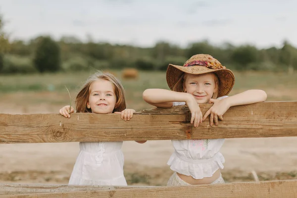 Girls Stand Fence Village Summer Day Life Farm — Stock Photo, Image