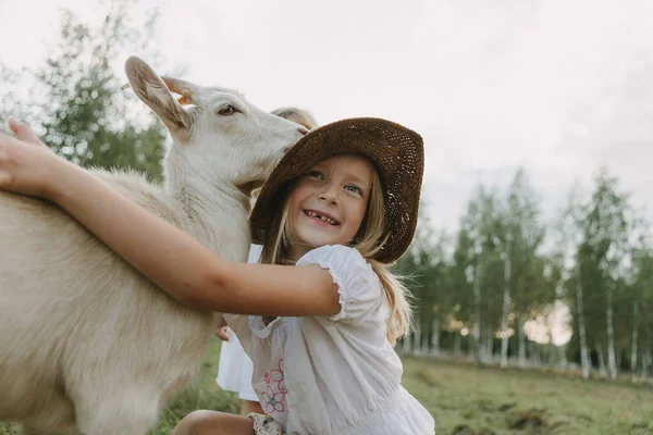 Children and goat in the meadow on a summer day, feeding the animal, life on the farm — Stock Photo, Image