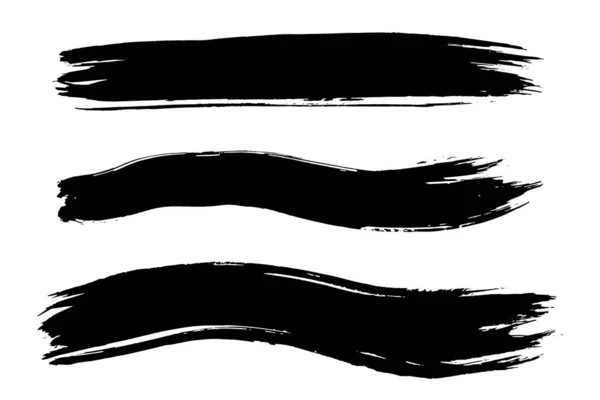 Vektor Készlet Három Nagy Hosszú Ecsetvonások Fekete Művészi Tinta Kézzel — Stock Vector