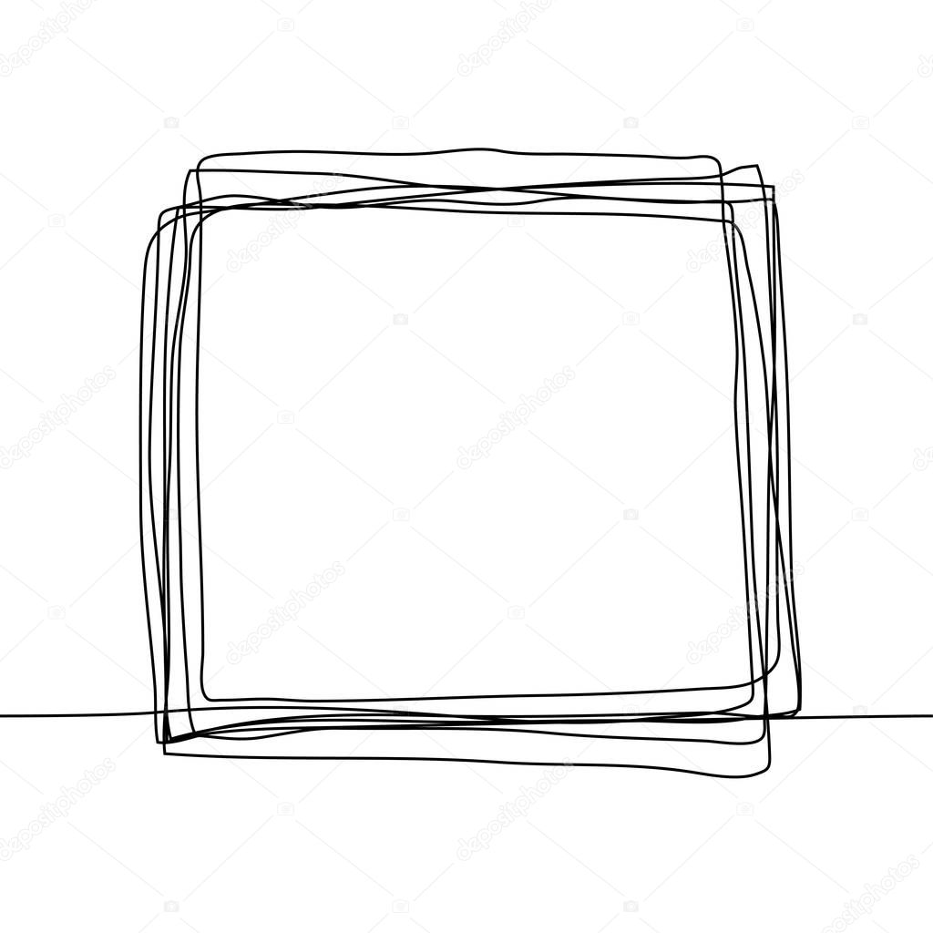 Continuous one line drawing of an square frame in the sketch technique of a constant black outline. Grunge rough shapes imitating a trace of a pencil on a white BG. Vector stock illustration. For text