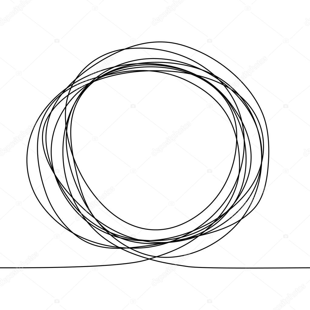 Continuous one line drawing of an round frame in the sketch technique of a constant black outline. Grunge rough shapes imitating a trace of a pencil on a white BG. Vector stock illustration. For text