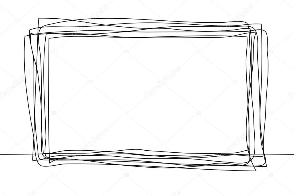 Continuous one line drawing of an rectangular frame in the sketch technique of a constant black outline. Grunge rough shapes imitating a trace of a pencil on a white BG. Vector stock illustration. For text