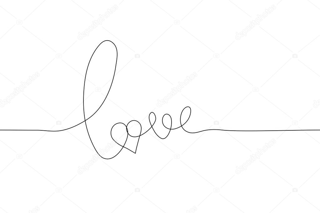 continuous line drawing of the word love on a white background. Vector horizontal stock illustration. Hand-drawn vector lettering with one black outline. Word love in lowercase letters