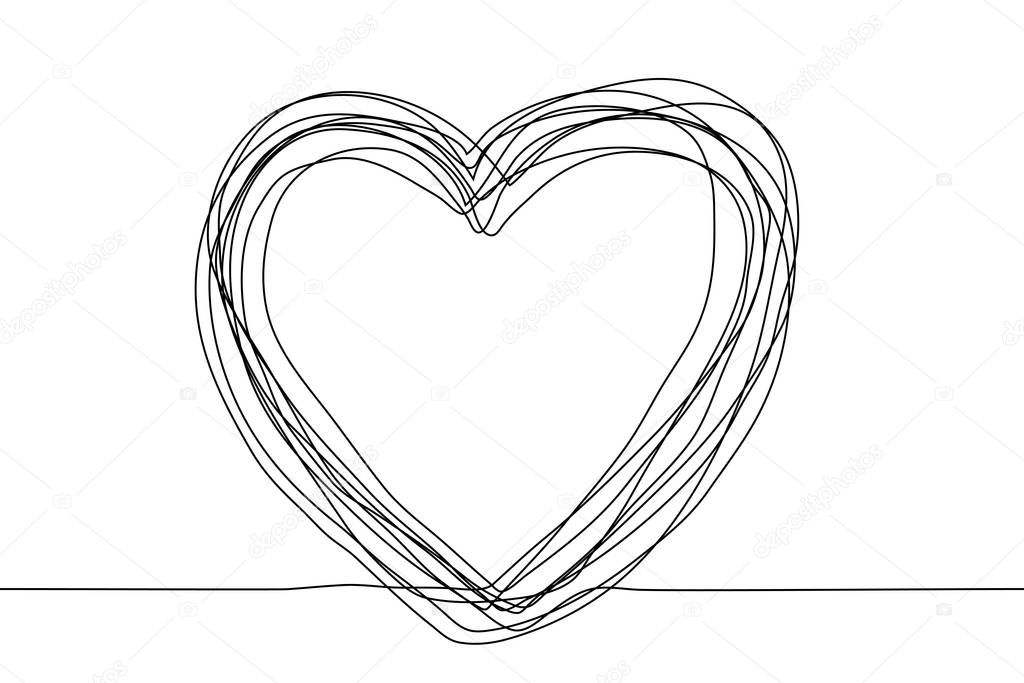 continuous line drawing of a multilayer sketch in the shape of a heart on a white background. Vector horizontal stock illustration. Many black contours that are constant in thickness make up the frame