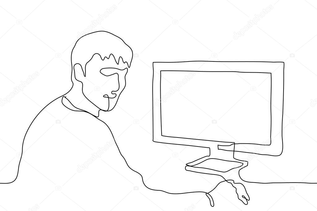 A linear drawing of the profile of a worker at a desktop with a computer, a computer mouse in his right hand. The man turned and looks at the viewer. Continuous line drawing of a man at a computer