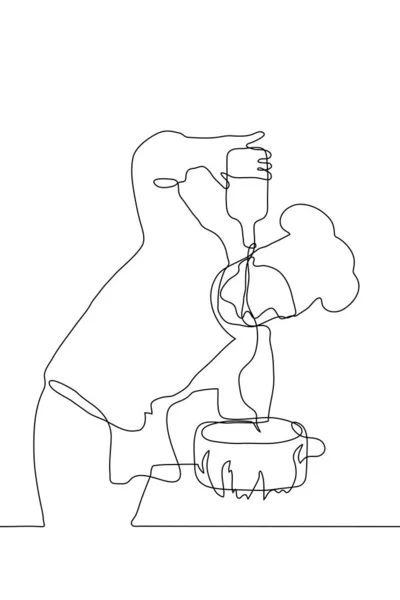 Continuous Line Art Chef Pouring Something Bottle Boiling Pot Man — ストックベクタ