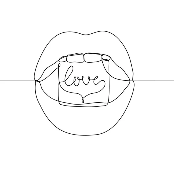 Відкрийте Жіночий Рот Шматочком Цукру Якому Написано Любов Безперервна Лінія — стоковий вектор