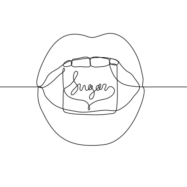 Однорядковий Малюнок Жіночого Відкритого Рота Шматочком Цукру Затиснутим Між Зубами — стоковий вектор
