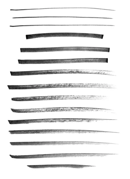 Set of hand-drawn brush strokes: pencil and marker. Long thin and thick traces of pencil. Black-white illustration isolated on white. Raster stock illustration.
