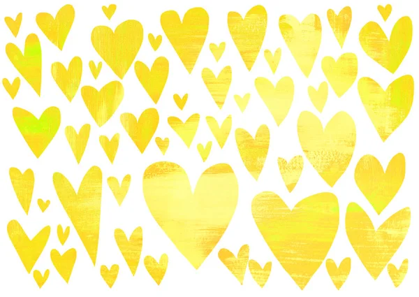 Великий Горизонтальний Набір Жовтих Сердець Зроблений Паперу Текстури Пофарбований Мазками — стокове фото