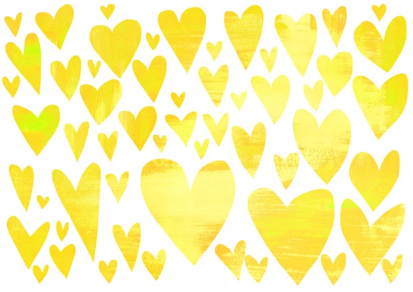 Nagy Vízszintes Készlet Sárga Szív Készült Textúra Papír Festett Ecsetvonásokkal — Stock Fotó