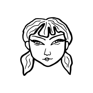 Vector portrait of an asian woman head in cartoon black ink style isolated on white.Traced illustration of female head, hairstyle with two ponytails. Contour drawing of the human head vector Vector portrait of an asian woman head in cartoon black ink style isolated on white.Traced illustration of female head, hairstyle with two ponytails. Contour drawing of the human head vector