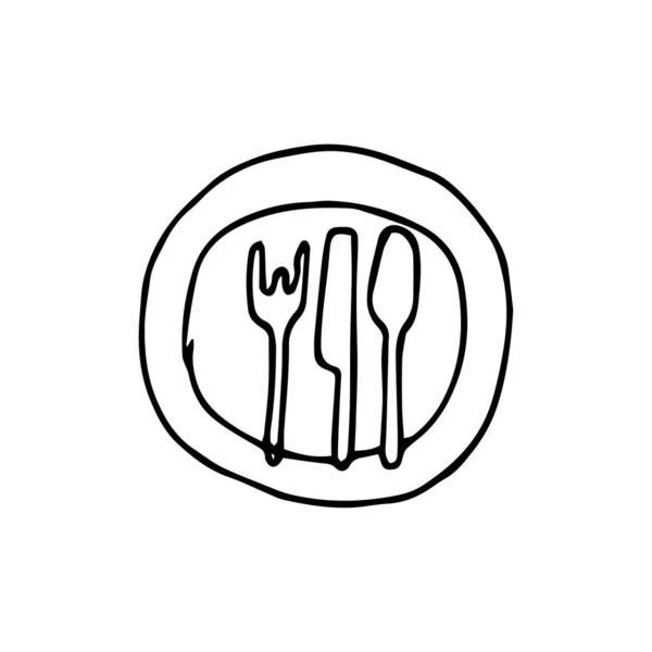 Hand Drawn Simple Sketch Plate Which Lies Fork Tablespoon Knife — 스톡 벡터