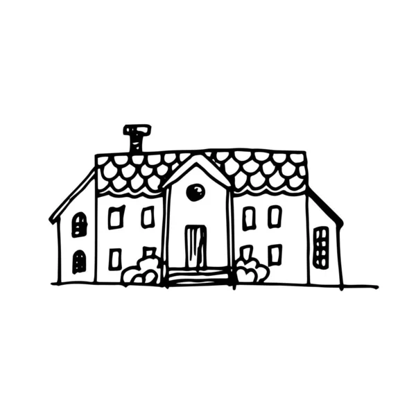 Векторный Рисунок Дома Двухэтажное Старинное Здание Черепицей Кустами Входа Простой — стоковый вектор