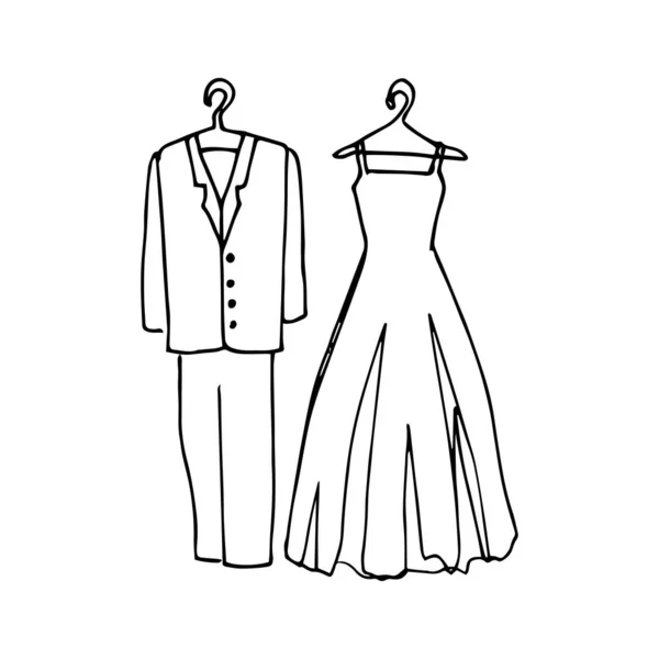 Zeichnung Von Hochzeitskleidern Ein Anzug Des Bräutigams Und Ein Kleid — Stockvektor