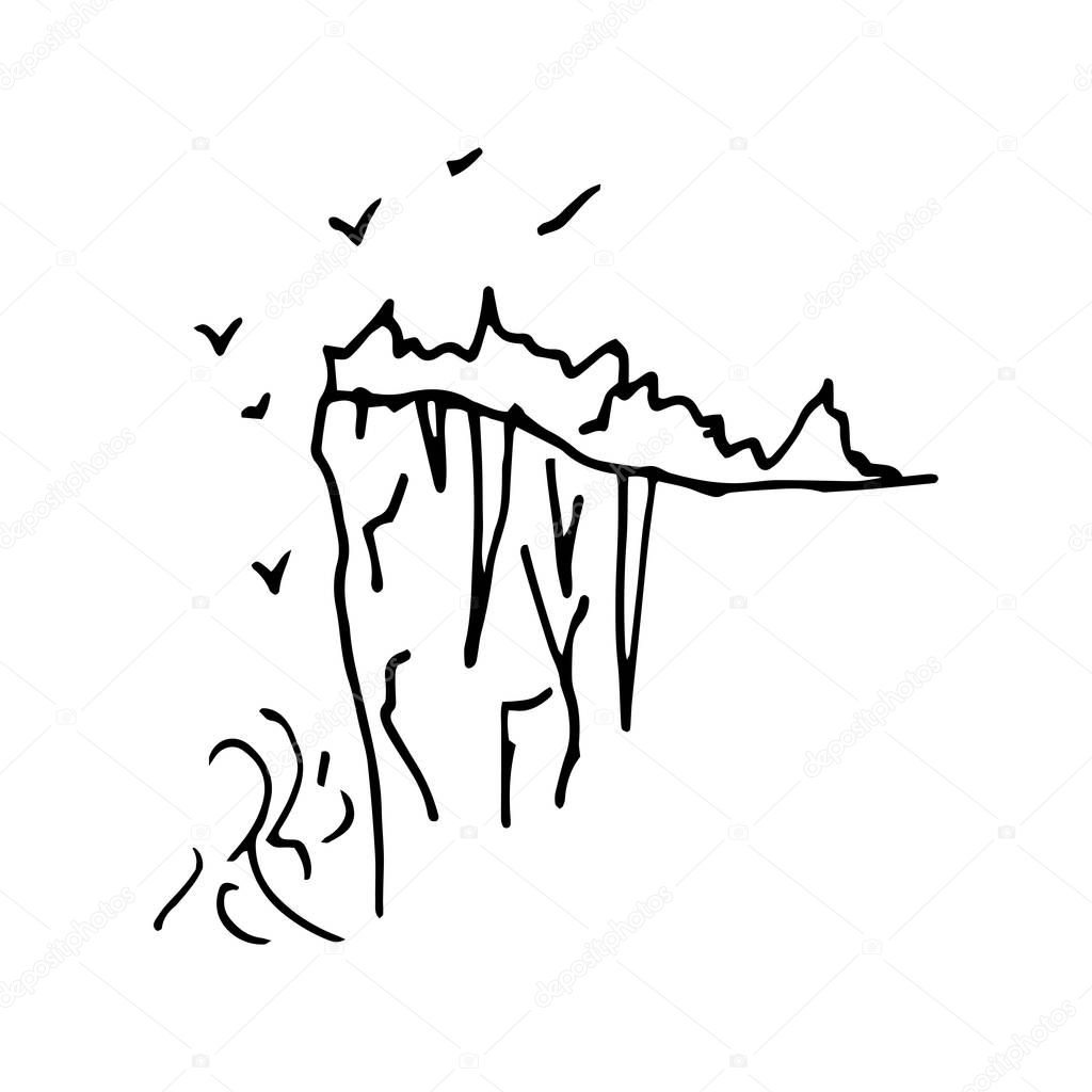 Hand-drawn cliff. Vector illustration of a black contour isolated on white. Traced sketch of a cliff with trees, birds and waves raging from below.