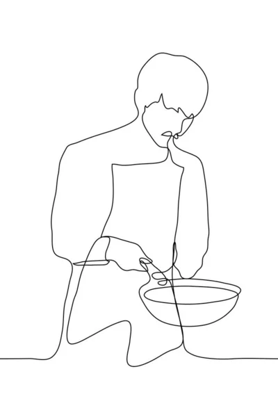 Erkek Aşçı Kızartma Tavası Sürekli Bir Yemek Pişiren Adam Çizimi — Stok Vektör