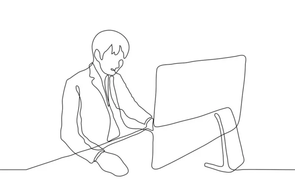 Mężczyzna Garniturze Siedzi Przy Biurku Patrząc Ekran Komputera Trzymając Mysz — Wektor stockowy