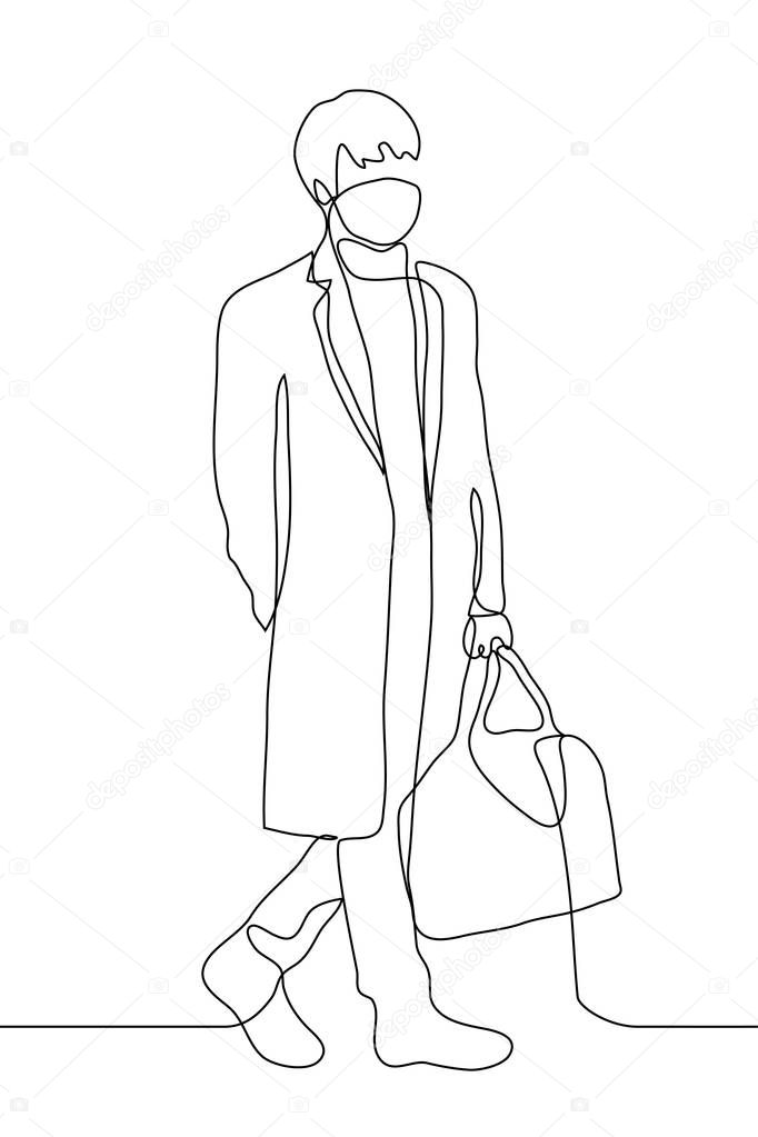 young man with a medical mask in a coat with a large travel bag is walking. One continuous line art of a full-length man with a medical mask on his face