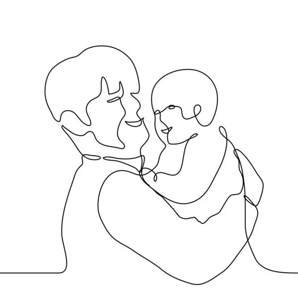 Dibujo Línea Continua Hombre Con Niño Joven Padre Sonríe Sostiene — Vector de stock