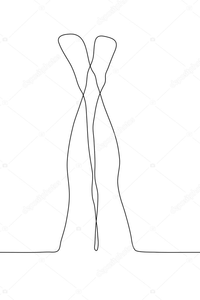 Crossed raised up female legs. One continuous line art silhouette of female slim legs. Female legs relaxed and slightly crossed. Black outline on a white background isolated. Can be used for animation