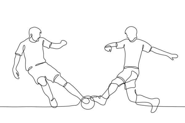 フル成長の2人のサッカー選手がボールのために戦っている サッカーをしている2人の男の連続線描 対戦相手の黒アウトライン図 — ストックベクタ