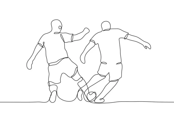 1つの連続ラインゴールキーパーがボールをフル成長でキャッチします ボールを打つことから彼の目標を守るサッカー選手のベクトル描画 — ストックベクタ