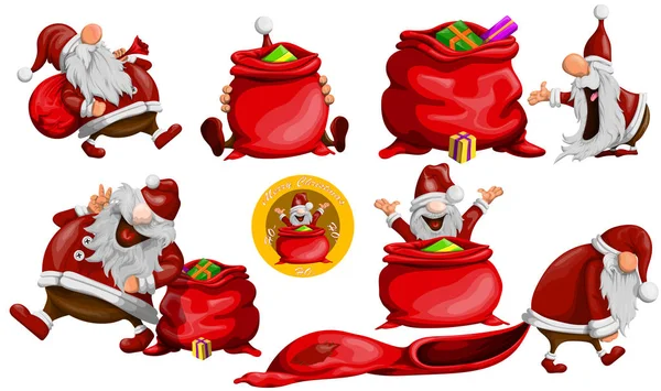 Zestaw zabawny i zabawny Mikołaj (Święty Mikołaj) z torbą gif — Wektor stockowy