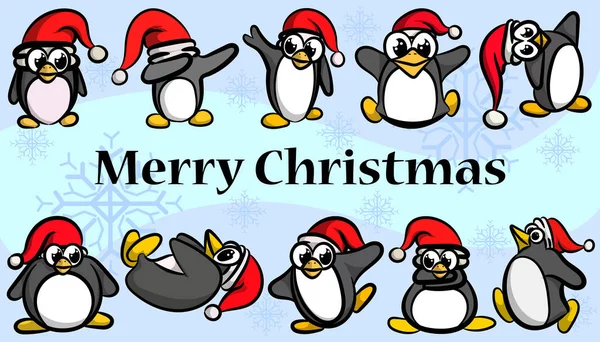 Çizgi filmdeki farklı pozlardaki komik Noel penguenleri.