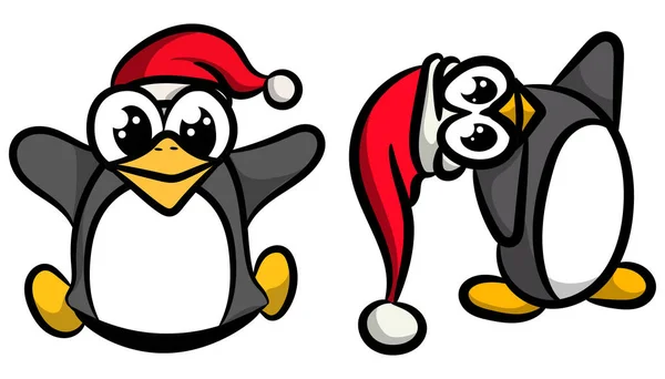 Dwa zabawne i wijące się pingwiny w kapeluszach świątecznych w samochodzie wektorowym — Wektor stockowy