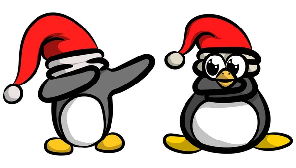 Dwa śmieszne stylowe i młodzieżowe pingwiny w kapeluszach świątecznych w wektorze — Wektor stockowy