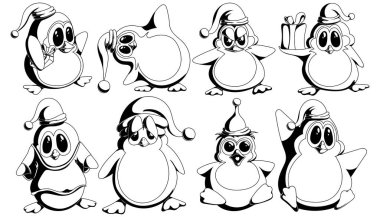Komik ve şirin penguenler Noel şapkalarını siyah-beyaz vektör şeklinde takıyorlar.