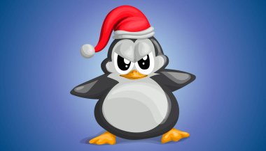 Noel şapkalı şirin penguen vektör karikatür tarzında kaşlarını çatıyor