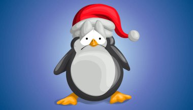 Noel şapkalı şirin penguen vektör karikatür tarzında üzgün gözleri var.