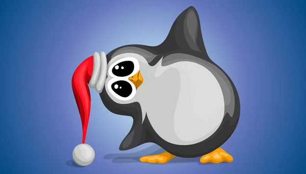 Noel şapkalı şirin penguen patisini vektör karikatür tarzında sallıyor..