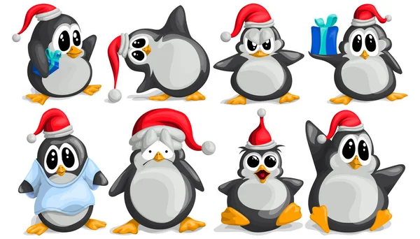 Conjunto de pinguins bonitos no desempenho dos desenhos animados vetoriais — Vetor de Stock