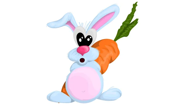 Cute hare hid behind a huge carrot on a white background. Cartoon vector illustration — Stock Vector