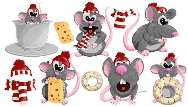 Állítsa be aranyos patkányok piros kalap rajzfilm stílusban. Vektor készlet patkányok a design fehér háttér — Stock Vector